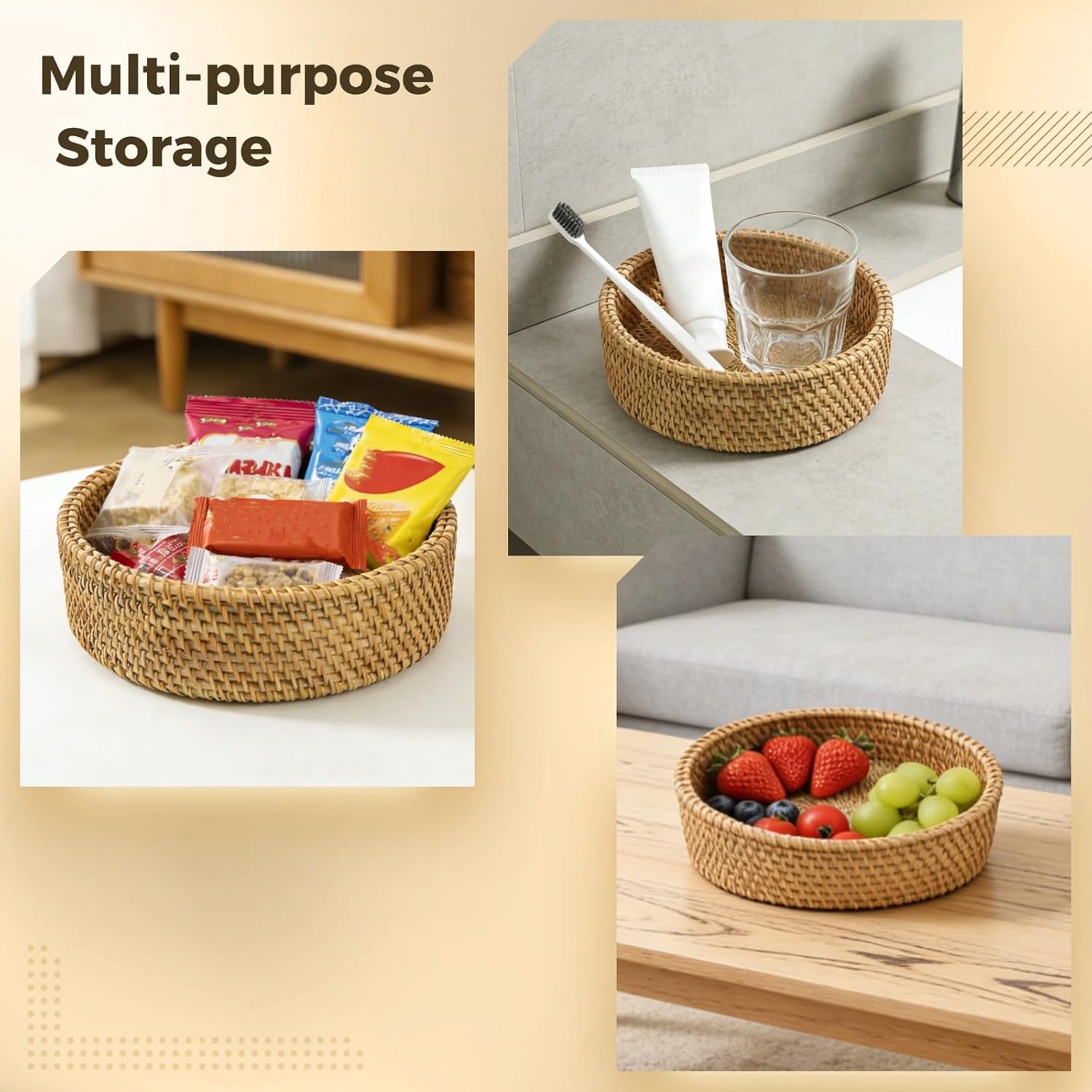 Rattan Basket With Lid, Natural Lidded Wicker Storage Basket for Organizing, Decorative Basket with Lid, Boho Display Woven Box, Rattan Storage Bin for Home Shelf Table Decor