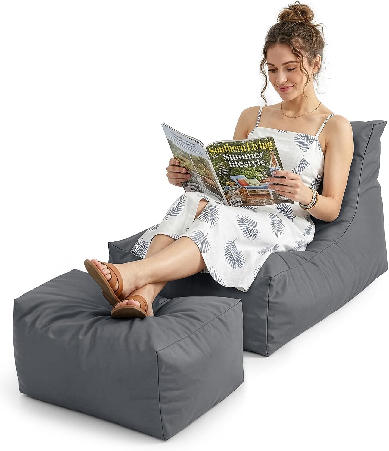 Outdoor Bean Bag Chair Lounger & Ottoman Rectangular Bundle, with Shredded Foam Filling and Splash-Proof Washable Zipper Cover, for Poolside Patio Relaxation, Gray