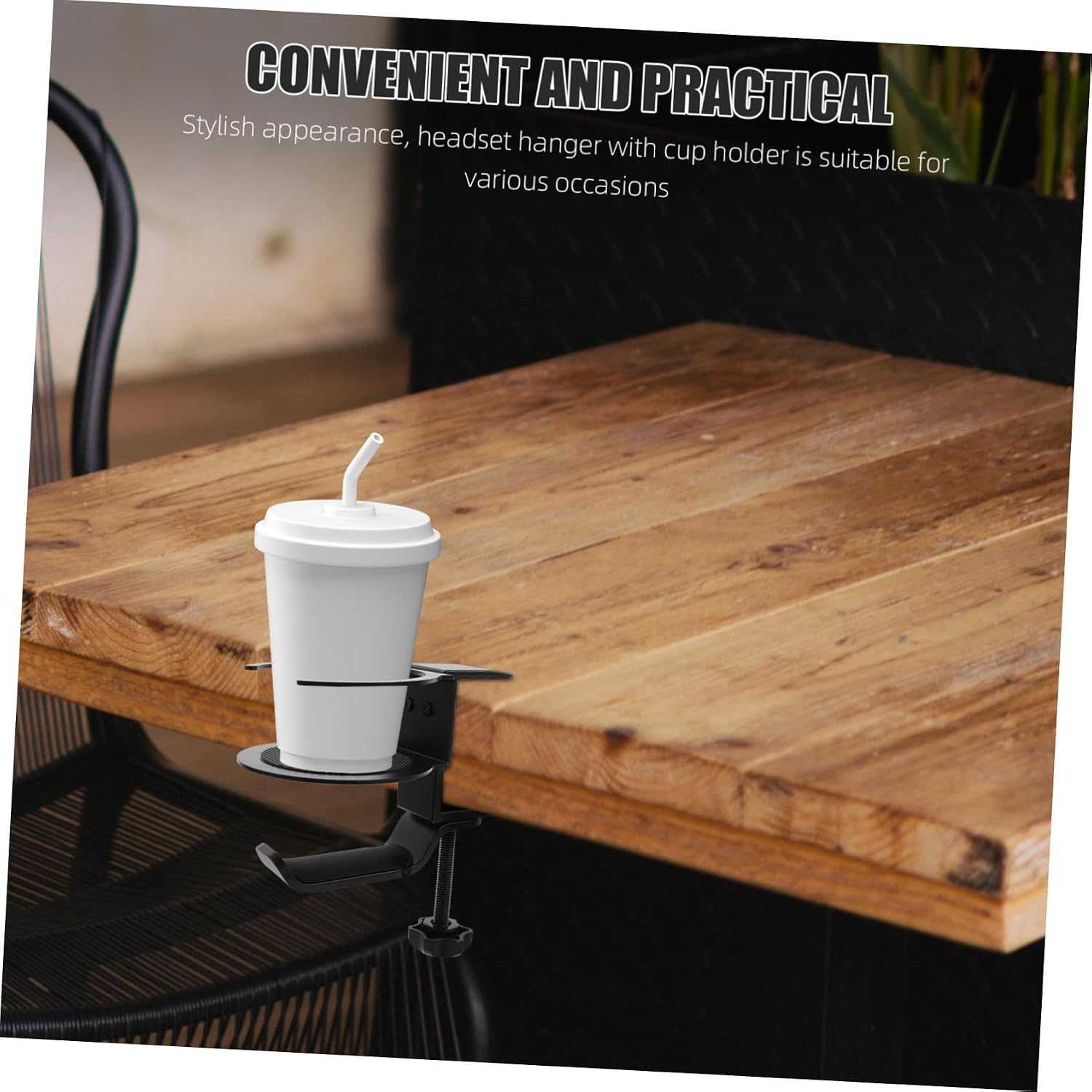 Desk Cup Holder Clamp Space-Saving Under Desk Cup Stand Headphone Hook Rotating Aluminum Headset Holder
