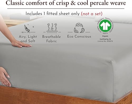 Miniatura 3 de Sábana bajera, 100% de algodón orgánico, tejido de percal, refrescante, ligera, ajustada, fresca, tamaño individual, infantil, color gris claro,