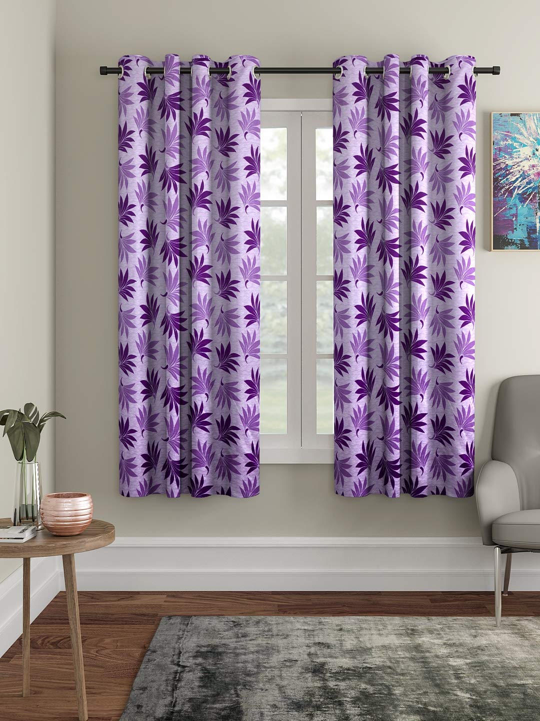 Cortina 2 Piece Floral Design Panel Eyelet Polyester Window Curtains - 5 Feet, Purple-image-46