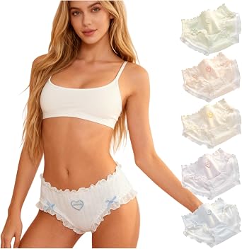 Cute Ruffled Cotton Womens Underwear for Women 5 Packs Panties Briefs Kawaii Lace Bow Heart-Print
