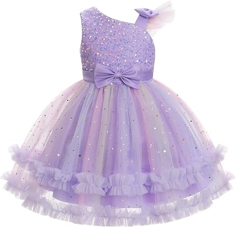IMEKIS Pageant Dresses for Girls 1/2 1st Birthday Outfit Toddler Prom Sparkly Tulle Tutu Baby Tea Party Formal Kids Graduation Sequin Asymmetric Shoulder Tiered Gown Rainbow Lilac Stars 9-12 Months