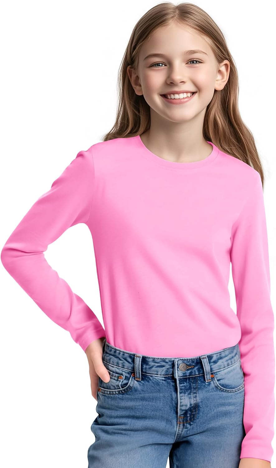 KEREDA 3 Pack Girls Long Sleeve Shirts Soft Cotton Crewneck Plain Kids Tops