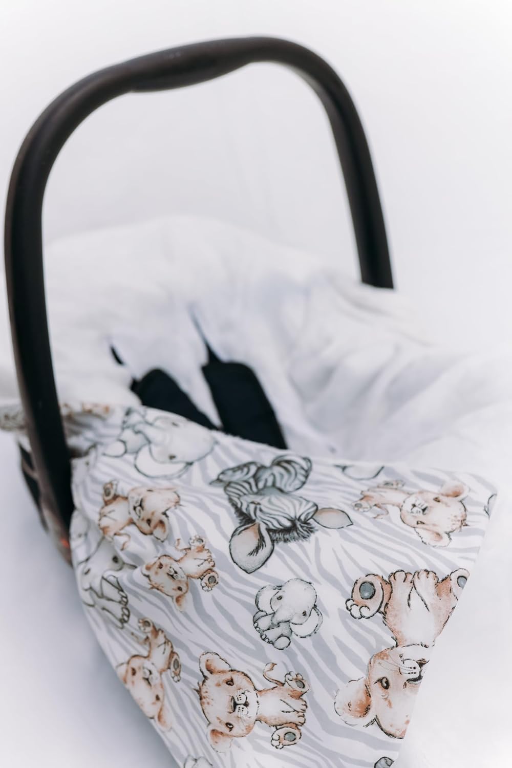Viculii Double Sided Baby Wrap for car seat | white baby safari animals baby wrap swaddle cover cosytoes blanket for car seat 100x100cm | boy or girl