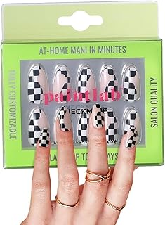 PaintLab Press-On Nails Manicure Kit, Checkmate - Almond, 30-Piece Set, Long-Lasting Fake Nails with Glue, File, Prep Pad & Cuticle Stick