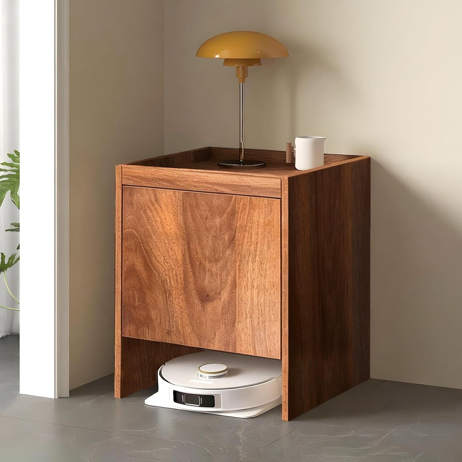 Wood Hidden Robot Vacuum Storage Cabinet with Doors Easy Water Changing Side Table Multi-Functional Storage for Living Room Kitchen Office(Walnut,25.6in)