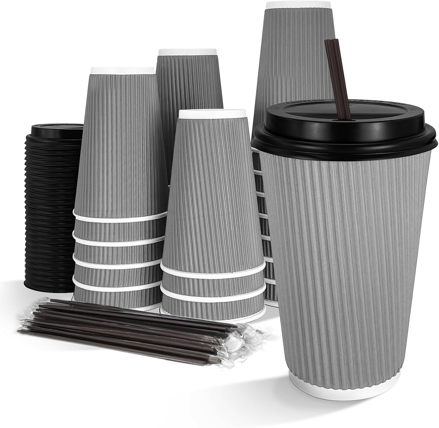 16 oz Disposable Coffee Cups with Lids 50 Pack, BPI-Certified Compostable Paper Cups with Lids and Straws, 3-Layer Insulated Corrugated To Go Cups for Hot & Cold Drinks, Home Office Travel(Gray)
