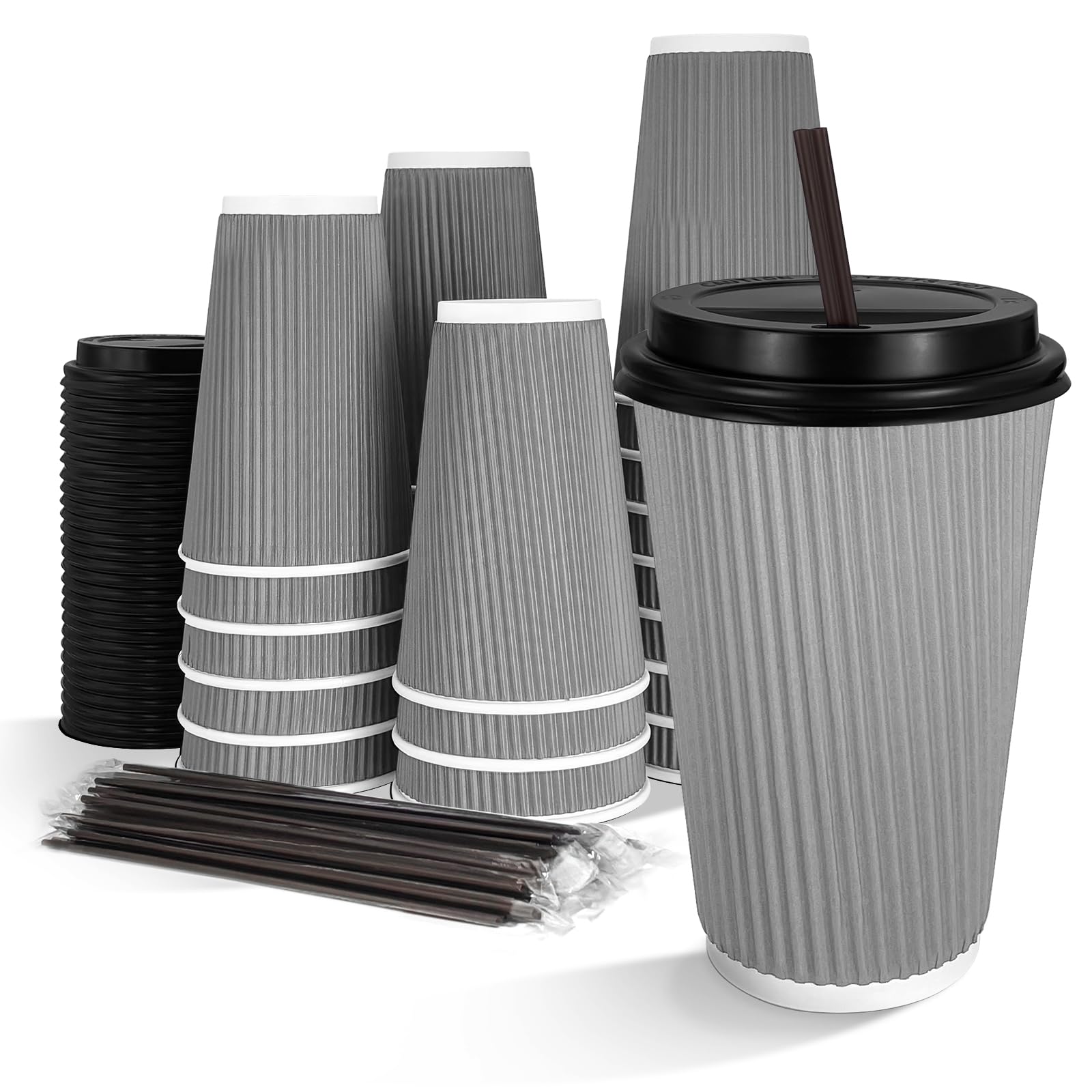 Photo 1 of Finepak 16 oz Disposable Coffee Cups with Lids 50 Pack, Compostable Paper Cups with Lids and Straws, 3-Layer Insulated Corrugated To Go Cups for Hot & Cold Drinks, Home Office Travel(Gray)