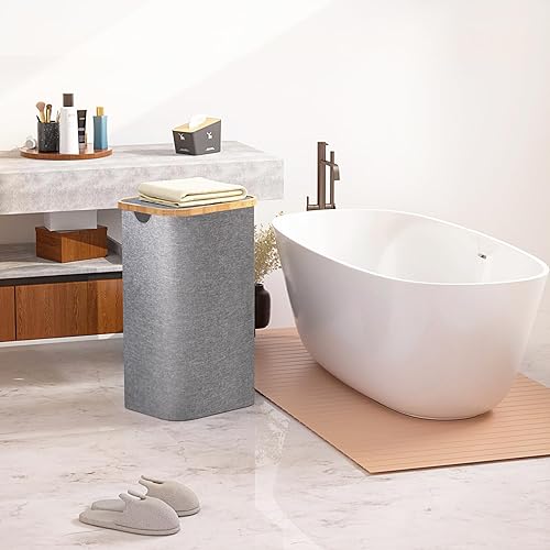 Miniatura 2 de SuperOrganize Cesta para ropa, asas de bambú de 100 litros y bolsa interior extraíble, canasta grande para la ropa sucia, cesta de lavandería