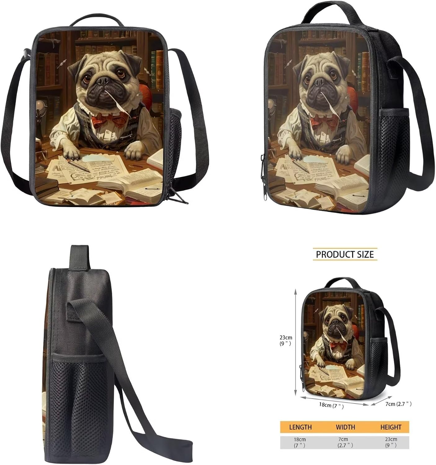 Personalized Print Backpack And Lunch Bag Set for Girls Boys Cute Funny Dog Pug Backpack with Lunch Box Pencil Case Lightweight Student Daypack Kids Black 17 Inch School Bag