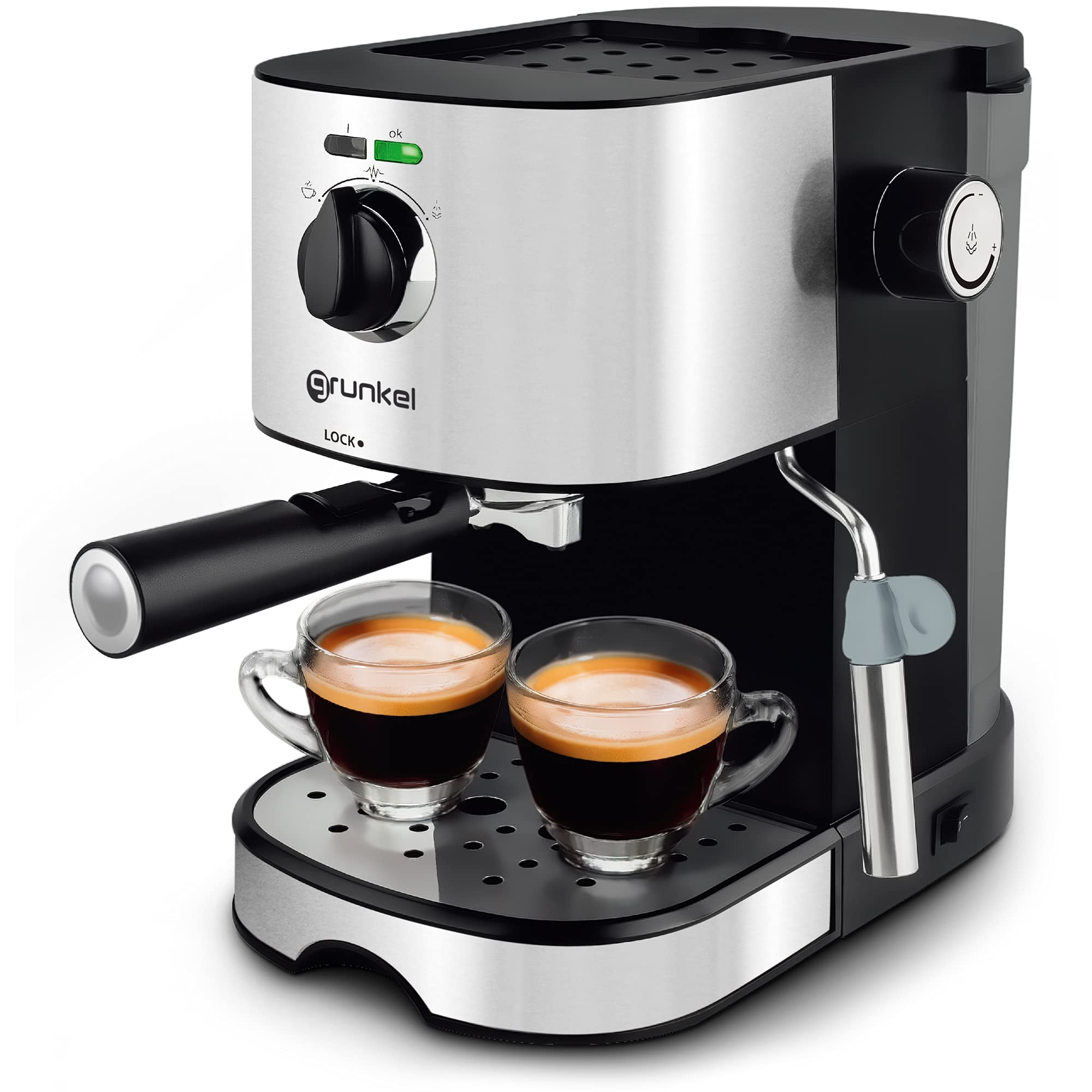 Grunkel - Cafetera Espresso de 15 bares presión - CAFPRESO H15 - y Vaporizador orientable y Filtro Doble Salida en acero inoxidable. Bandeja antigoteo y protección Sobrecalentamiento. 1L 850W