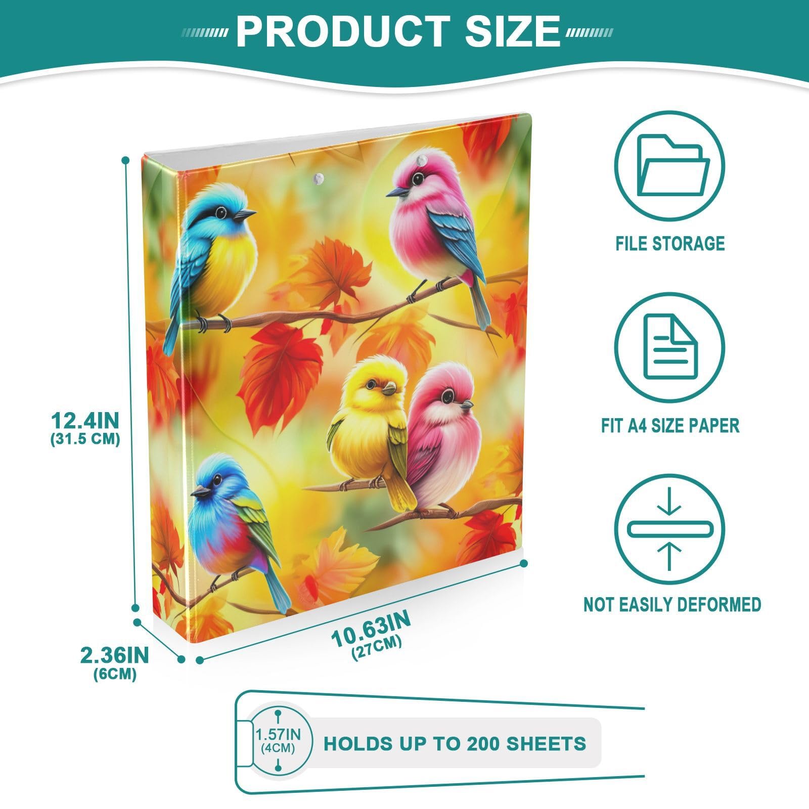 Cute Birds - Raccoglitore a 3 anelli con 3 anelli, 3,8 cm, con portablocco grande, 3 raccoglitori per scuola, università, ufficio (confezione da 2)
