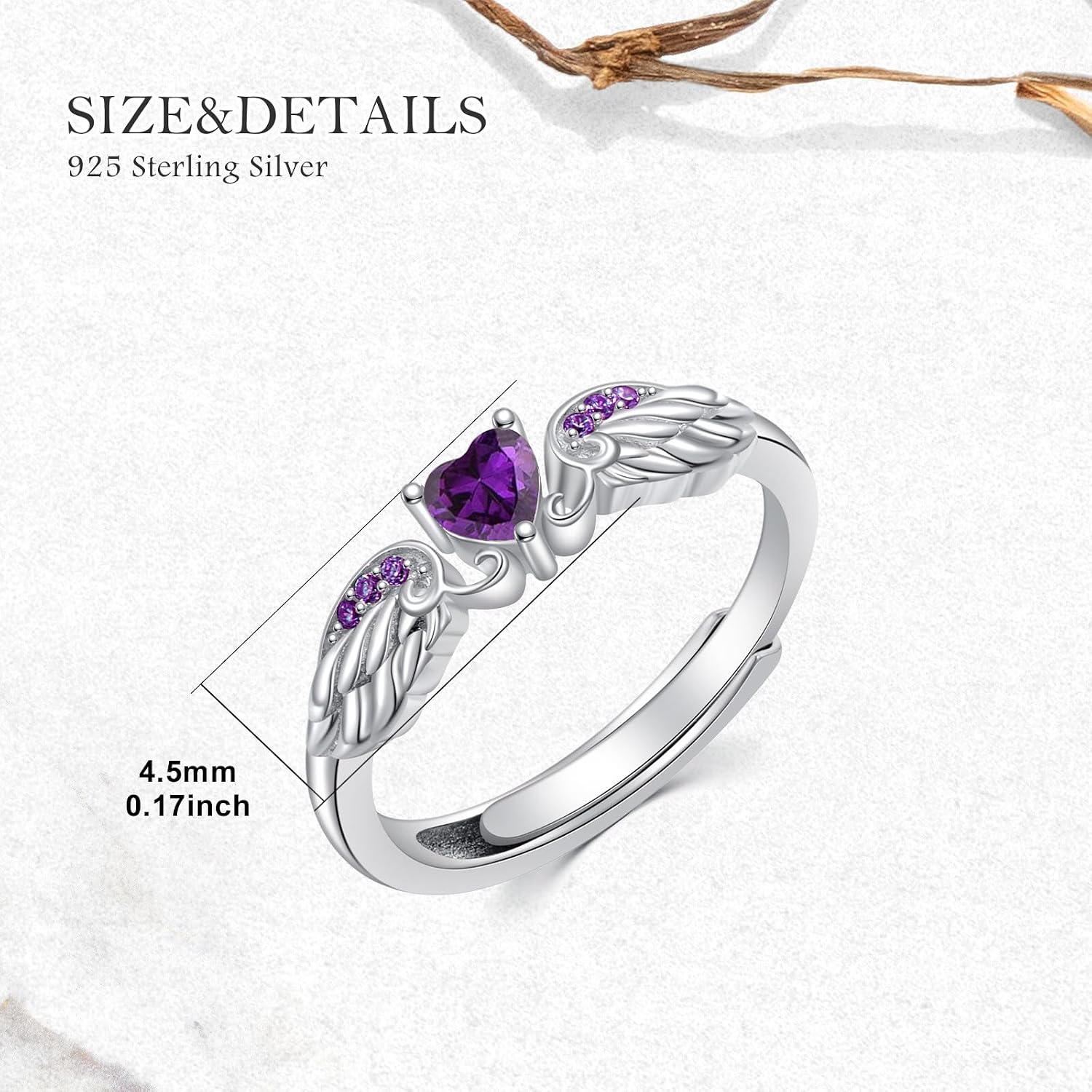 Angel Promise Ring 925 Sterling Silver Angel Wing Heart Ring for Women Angel Memorial Ring with Heart Birthstone Promise Ring Adjustable Size 7