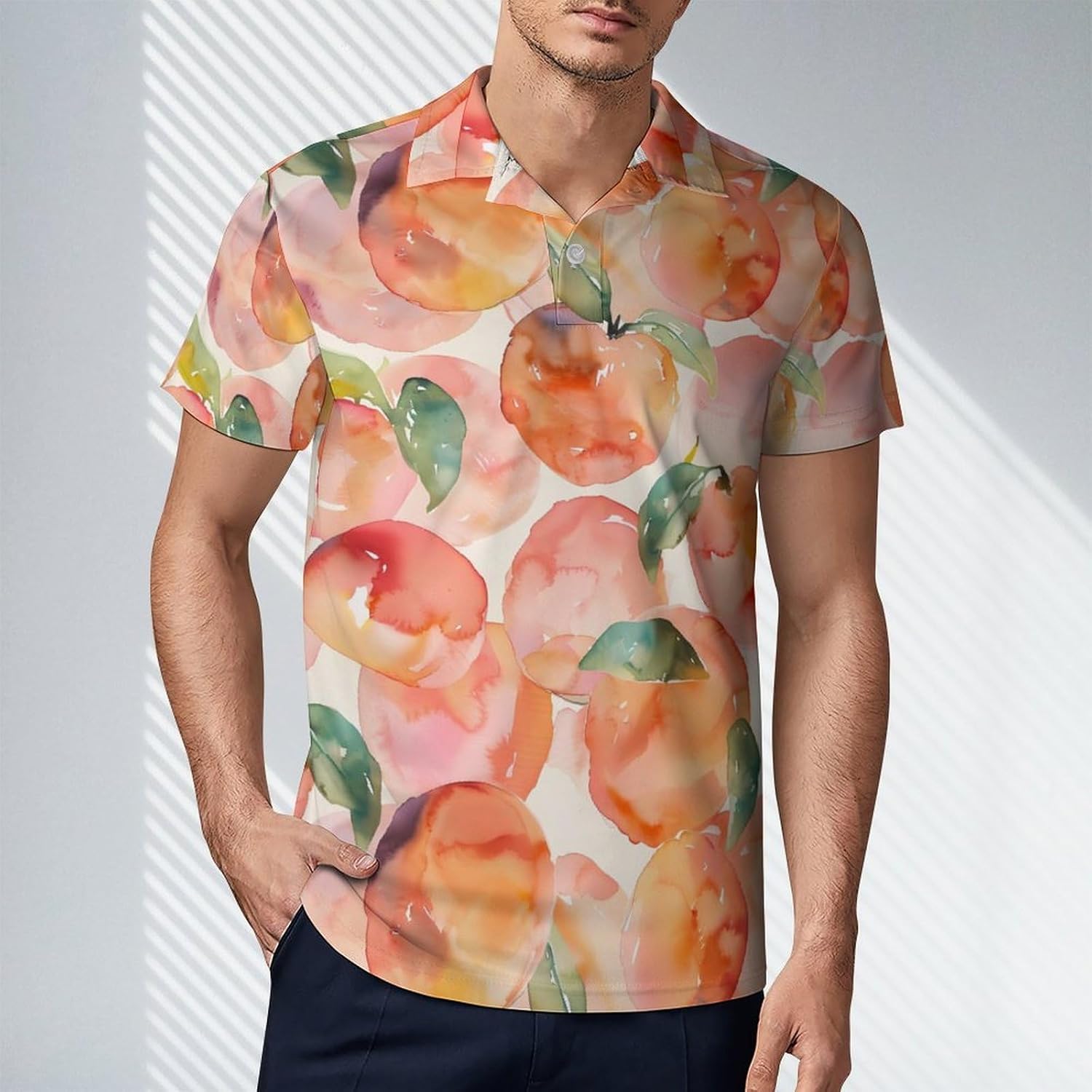 Peach Watercolor Novelty Men's Short Sleeve Shirt Golf Tennis Shirts Work T-Shirt Sport Tee