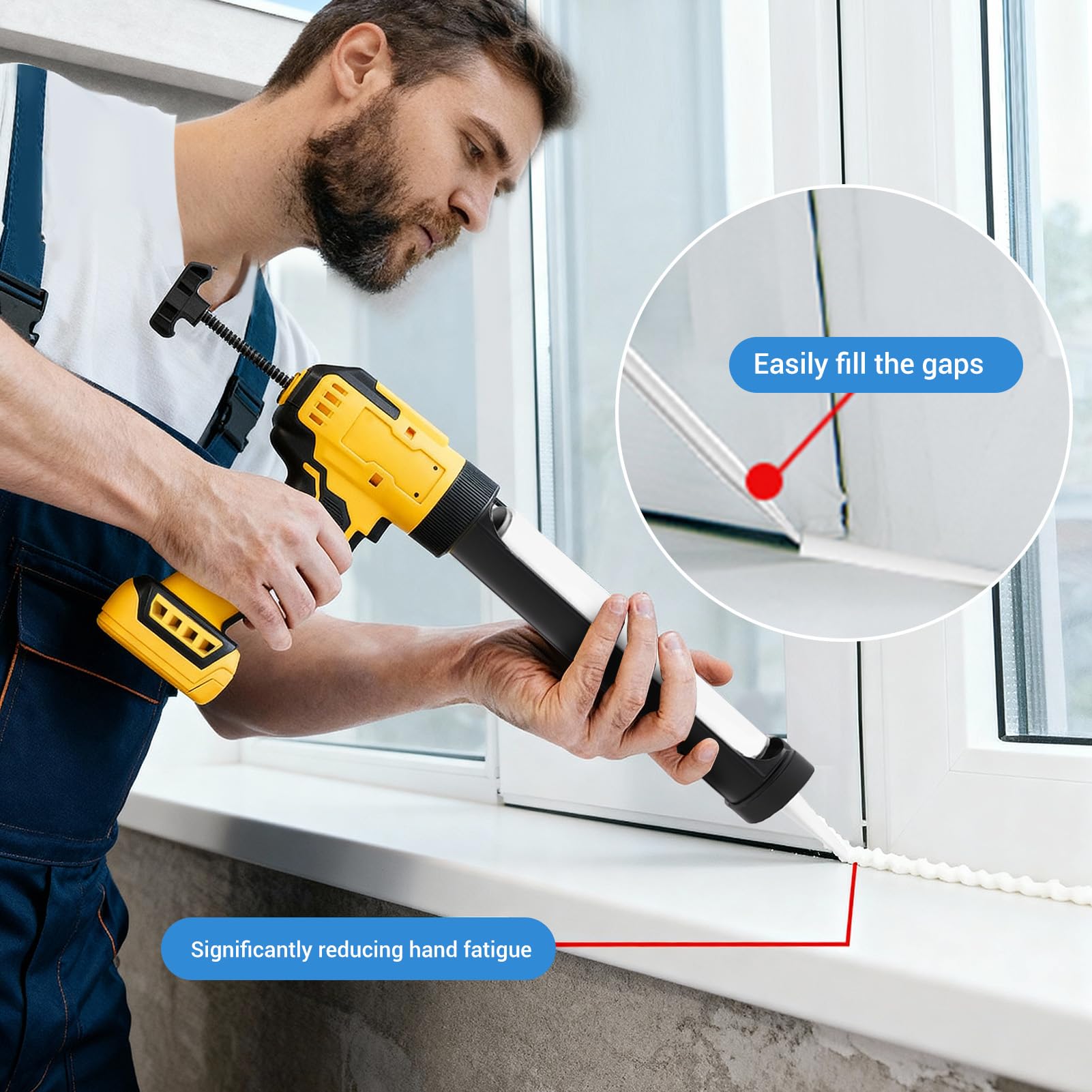 Asixxsix Pistolet Caulking, 6 prędkości ładowalny bezprzewodowy pistolet Caulking ABS z światłem LED 550Lb siła nacisku, elektryczny pistolet Caulking do kuchni Napełnianie łazienki