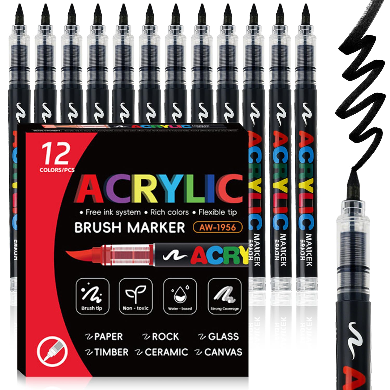 Srumvoat 12 Pack Black Fabric Paint, Permanent Waterproof Acrylic Paint Pens, Soft Pen Tip for Coarse/Fine Effect As You Like, for Rock, Fabric, Wood, Glass, Decoration, Art and Craft Supplies Kit