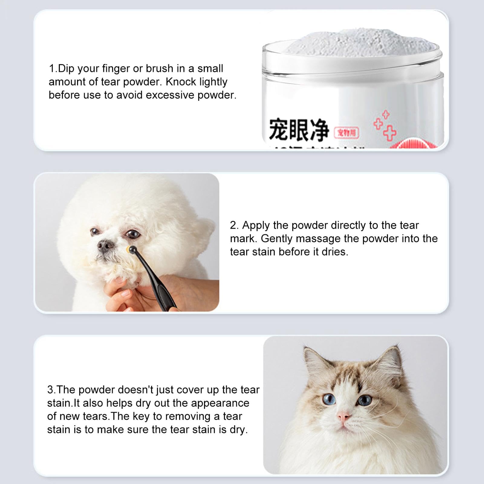 Détachant larme de chat 20 g pour chiens et chats - Poudre avec brosse - Rince-yeux pour animaux de compagnie - Naturel, sûr, absorbe les larmes