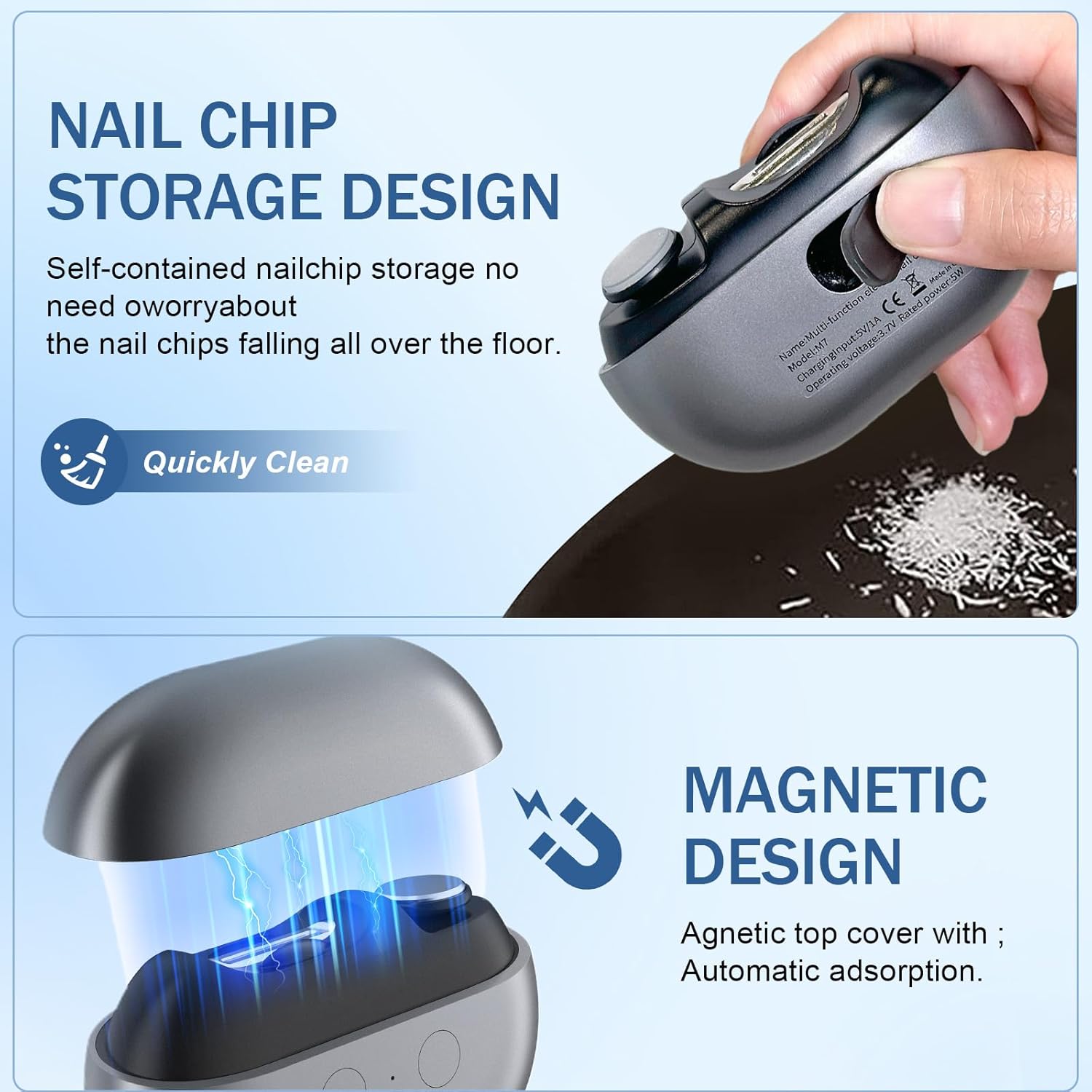 3 in 1 Electric Nail Clipper, Electric Nail Trimmer and Polisher with Clip Storage & LED Light, USB Rechargeable and 2 Speed Gears, Fingernail Clippers for Baby, Kids, Women, Seniors, Toddler, Adults