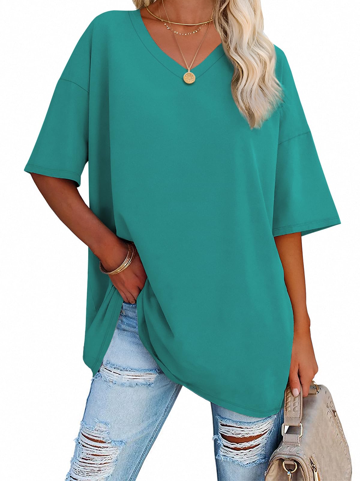 ATHMILE Womens Oversized Shirts V Neck Plus Size Spring Workout Summer Tops Beach Vacation 2026 Gym Clothes Basic Tee
