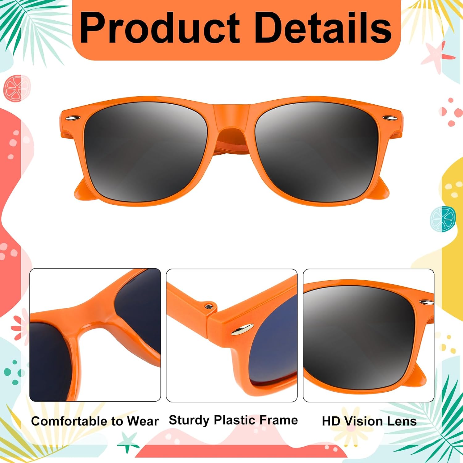 NEBURORA 6 Pack Orange Neon Sunglasses Bulk Retro Colorful Party Glasses for Adult Men Women Birthday Wedding Summer Beach Pool Party Supplies image 3