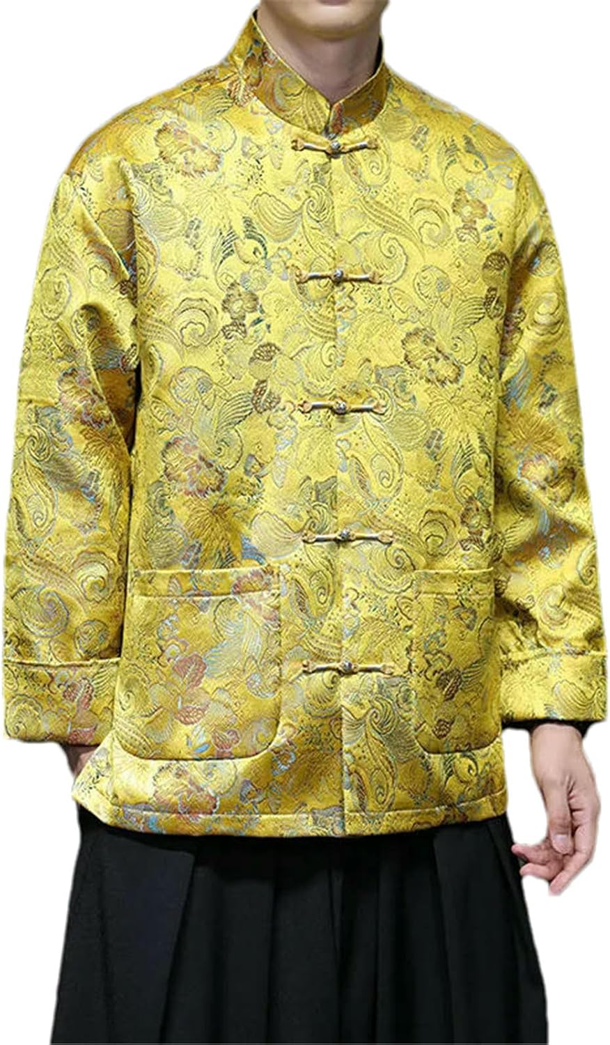 JXQXHCFS Men’s Chinese Tang Suit Jacket Jacquard Mandarin Collar Frog Button Traditional Kung Fu Coat Spring Autumn Shirt