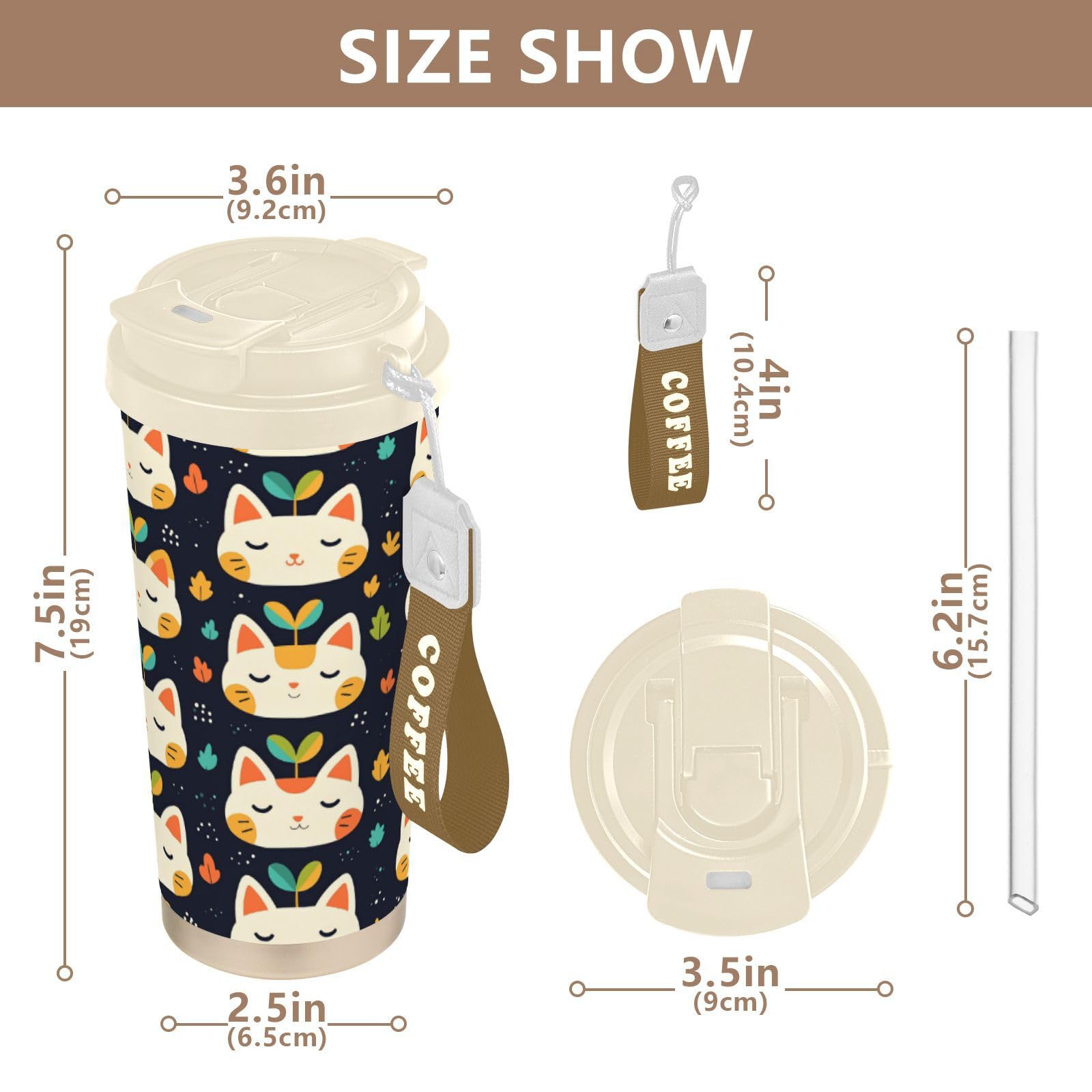 linqin Taza de café de viaje con cara de gato con hierba para mujer con tapas, taza térmica de acero inoxidable para frío y calor, 17 onzas, a prueba de fugas
