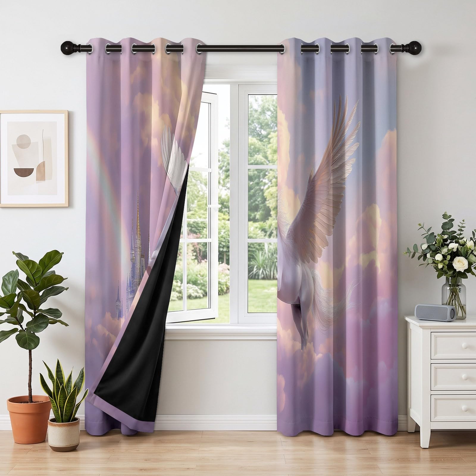 Rose Rideau Occultant à Oeillets, Fantaisie Animaux Licorne Rideaux Isolant Thermique Anti Bruit, Protection de la Vie Privée Décoration Rideau pour Chambre à Coucher 117 x 229 cm, 2 Pièces
