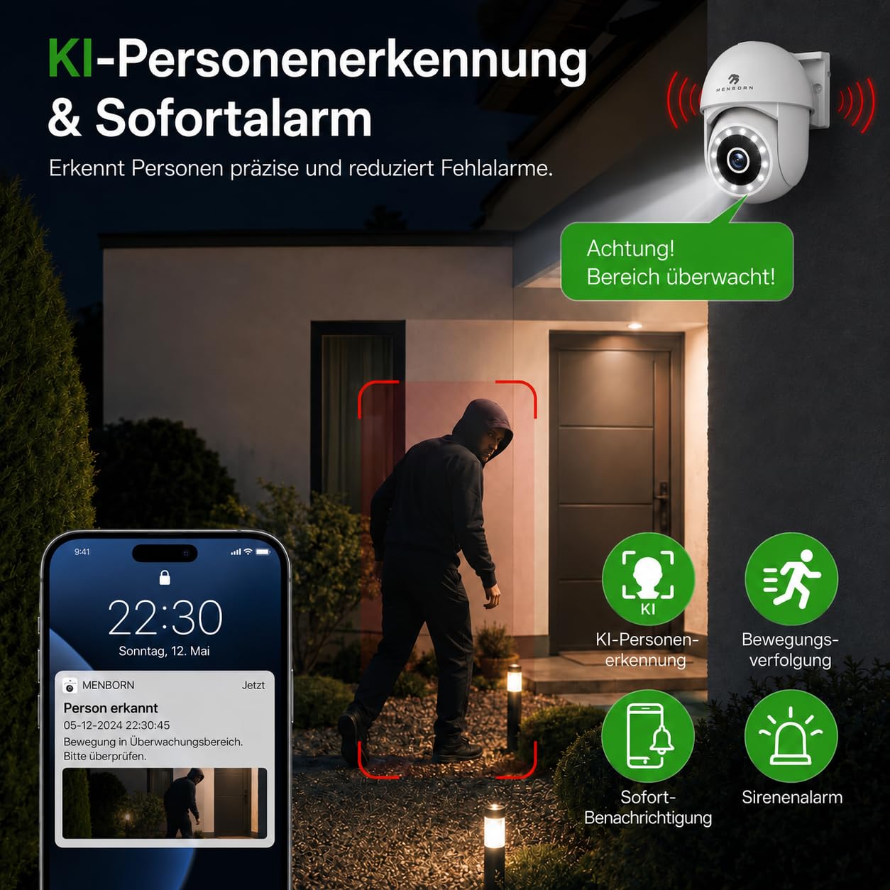 Überwachungskamera Aussen WiFi 6, WLAN Kamera Outdoor 2,5K mit 2,4/5GHz 2PC | Dualband, 360° PTZ Kamera mit Flutlicht, Farb-Nachtsicht, Auto Tracking, 2-Wege-Audio, Alexa kompatibel