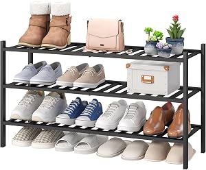 Étagère à chaussures longue noire à 3 niveaux viewcare, étagère à chaussures en bois de bambou pour placard, entrée et couloir, empilable, fonctionnelle et robuste
