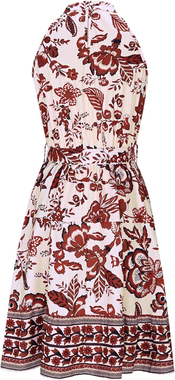 Women’s Summer Midi Dress Vacation Floral Halter Neck Sleeveless Flowy Sundress Waist Belted Boho Swing Dress
