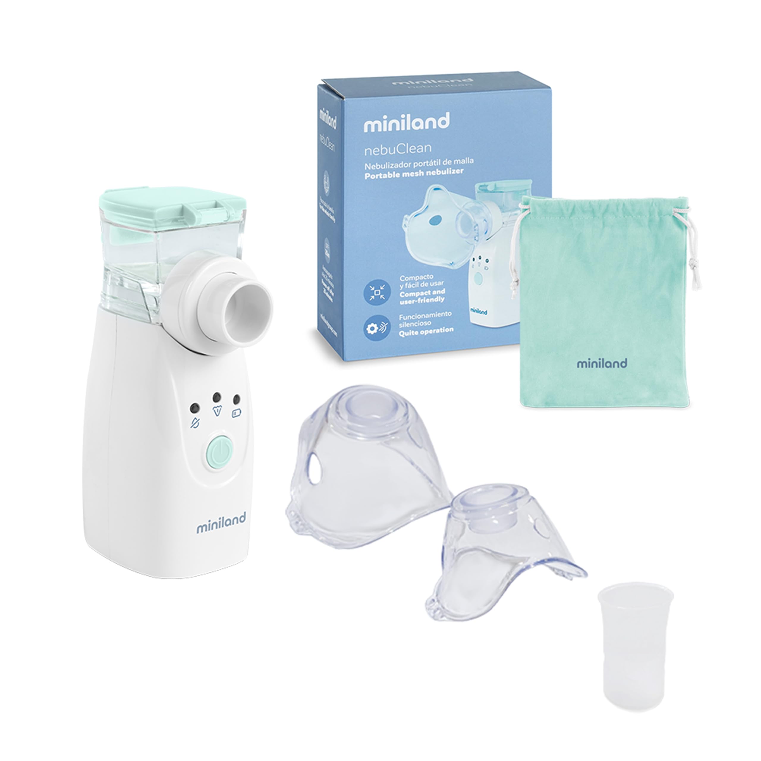 Miniland Nebulizador Bebe Portatil y Silencioso, Apto para Bebe, Niños y Adultos, Nebulizador Pediatrico Recargable, Tecnología Mesh, Incluye Mascarillas y Bolsa | Nebuclean