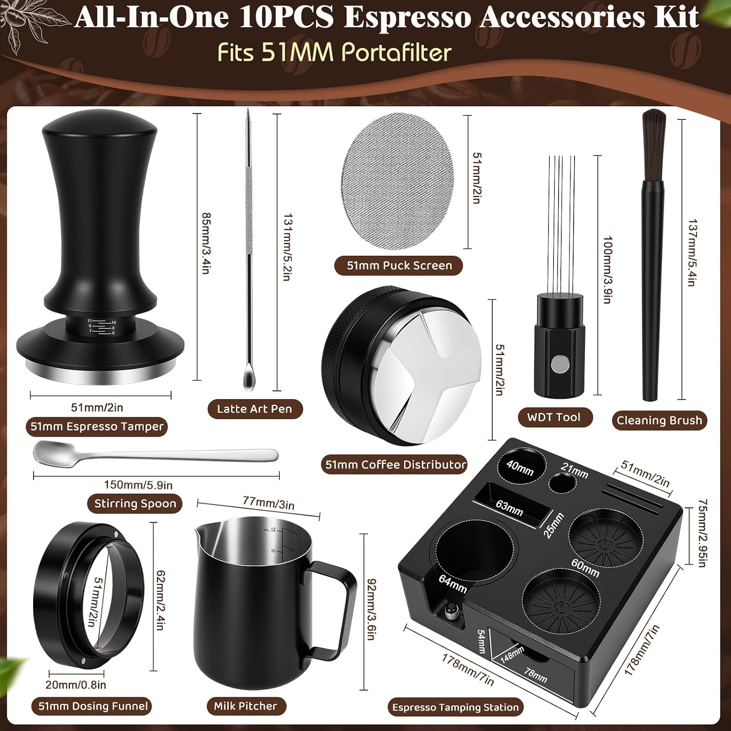 10PCS 51mm Espresso Accessories Kit | 9-in-1 Espresso Tamping Station, Spring-Loaded Tamper, Magnetic WDT Tool, Distributor, Dosing Funnel & Puck Screen | Fit Delonghi 51mm Portafilter