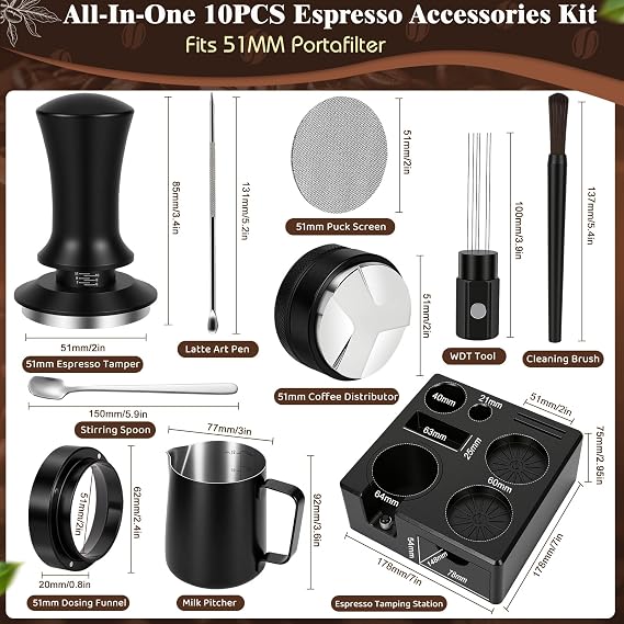 10PCS 51mm Espresso Accessories Kit with Tamping Station & Milk Pitcher