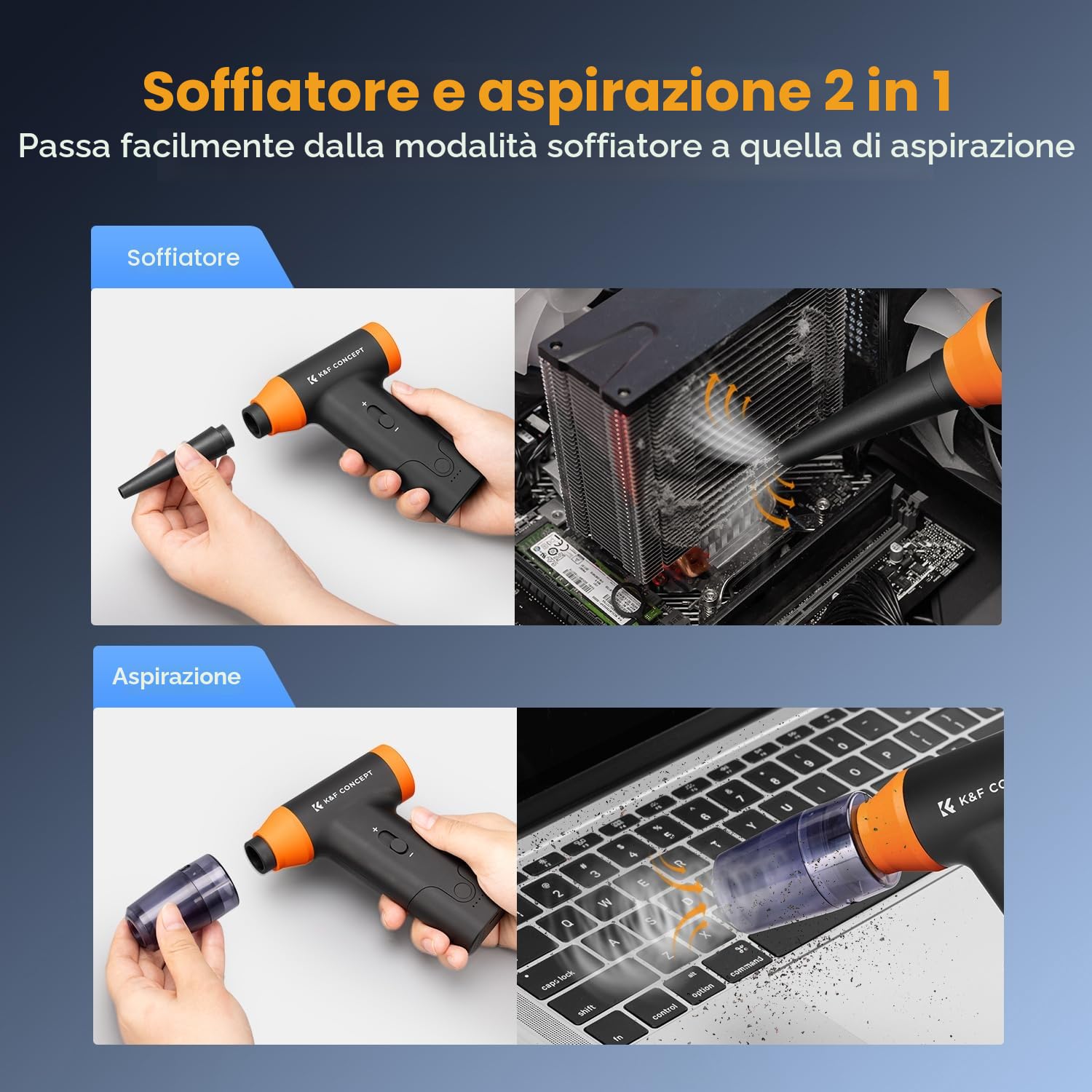 K&F CONCEPT BS200 2 in 1 Soffiatore Aspiratore 150000RPM, Aria Compressa Elettrico 5000mAh, Air Duster Spolverino Motore Brushless, per Fotocamera, Auto, PC, Tastiera, All'aperto, Casa