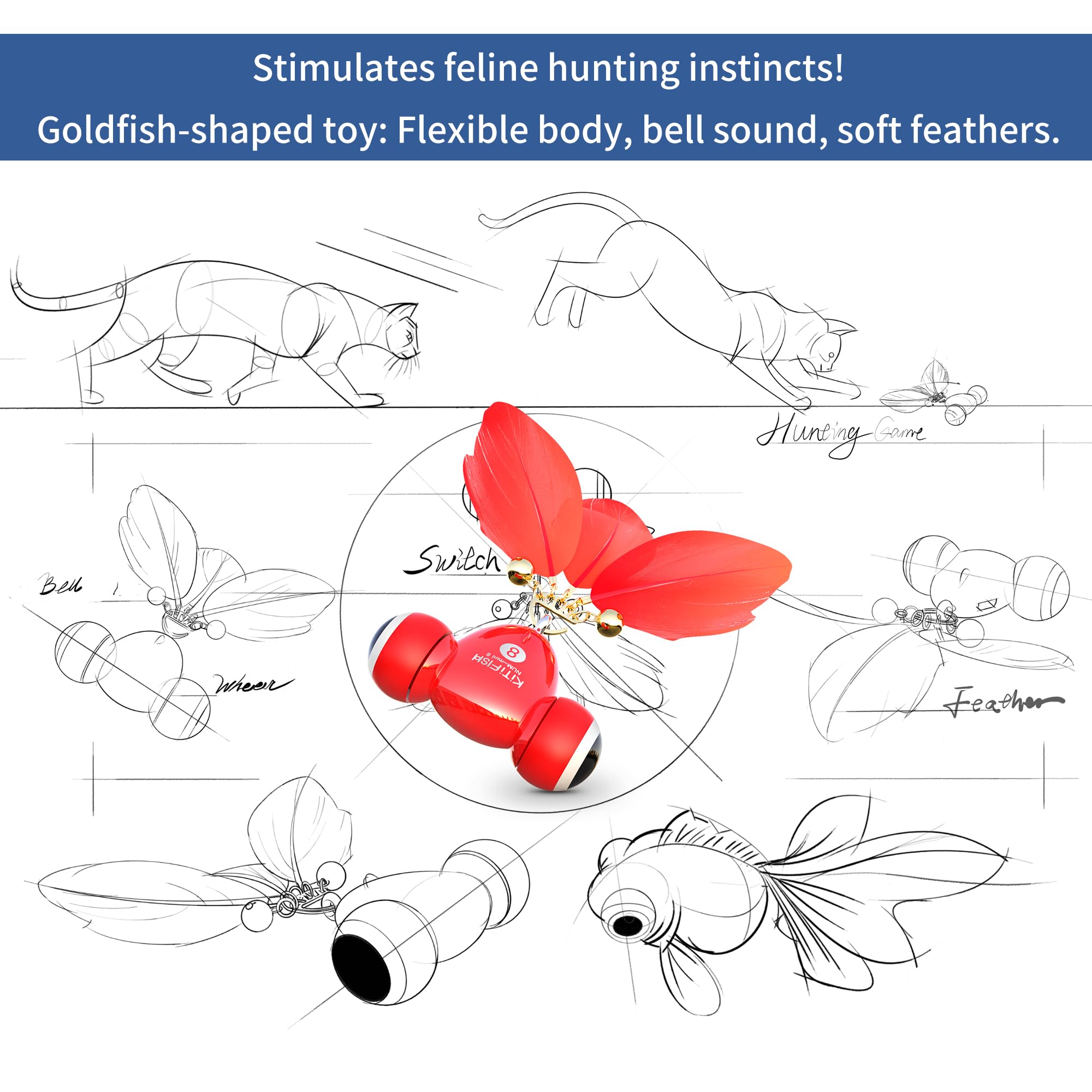 Kitifish Jouets automatiques pour chats d'intérieur, jouets interactifs en plumes avec plumes et clochette, jouet électrique intelligent pour chaton, jouets kitifish, instinct de chasse pour