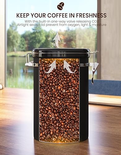 Vista 34 de HAIOOU Recipiente hermético para café, contenedor grande de almacenamiento de granos de café de acero inoxidable de 22 onzas con rastreador de Gris