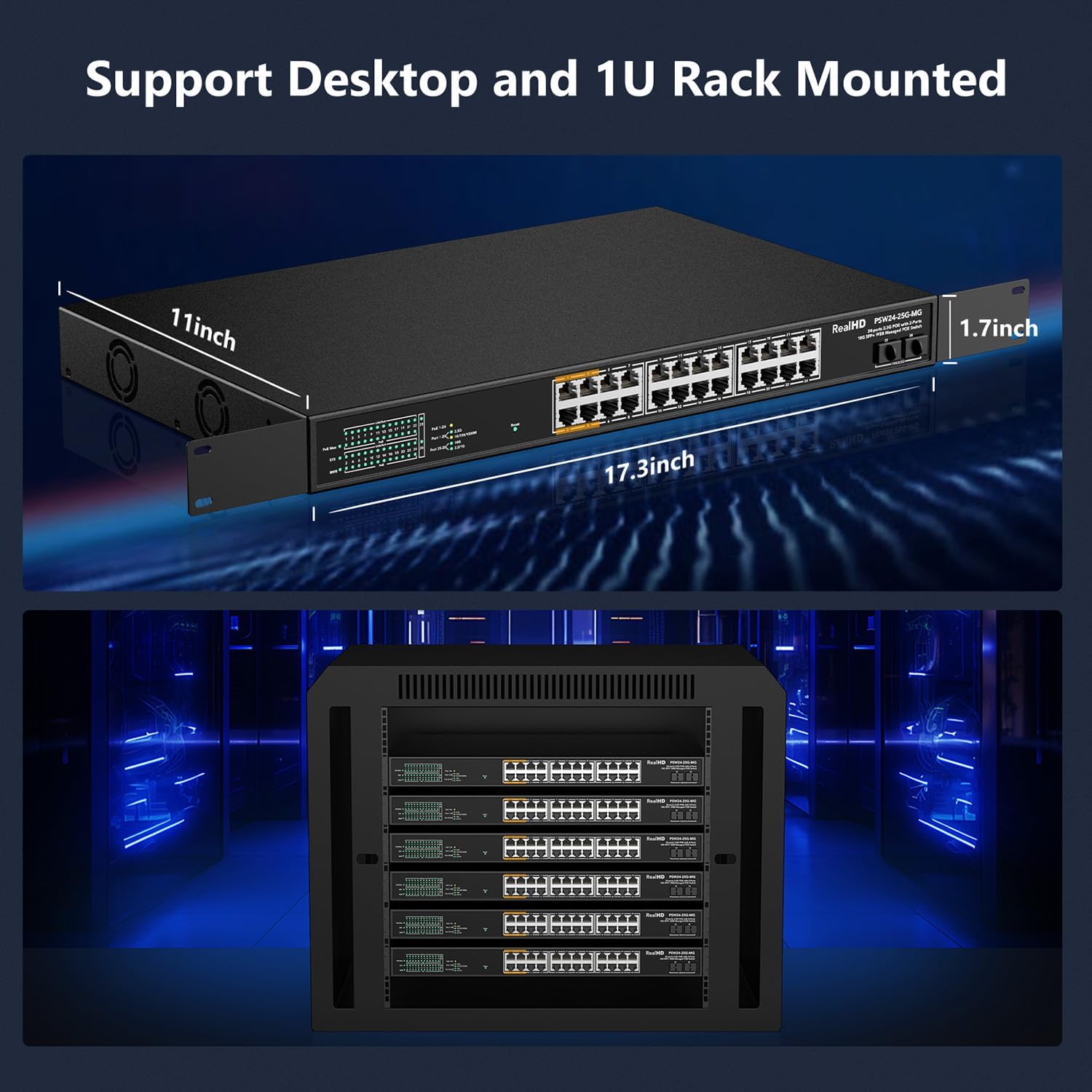Diagram showing the dimensions of the switch and how it can be installed in a 19-inch rack.
