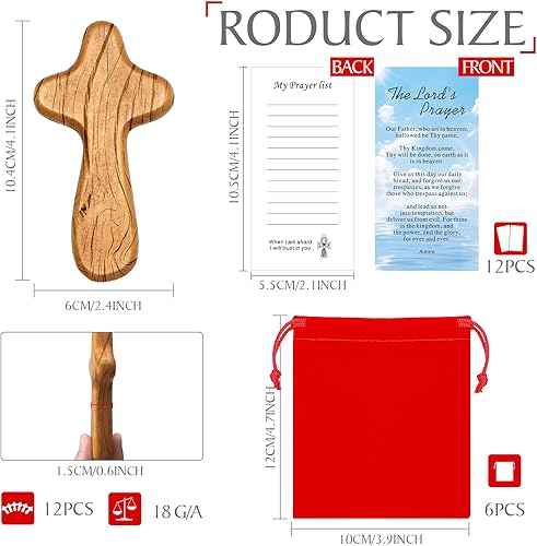 Miniatura 3 de Juego de 12 cruces pequeñas de madera de 4 pulgadas, cruces de bolsillo de Pascua de mano con bolsillo de terciopelo rojo y certificados, regalo de
