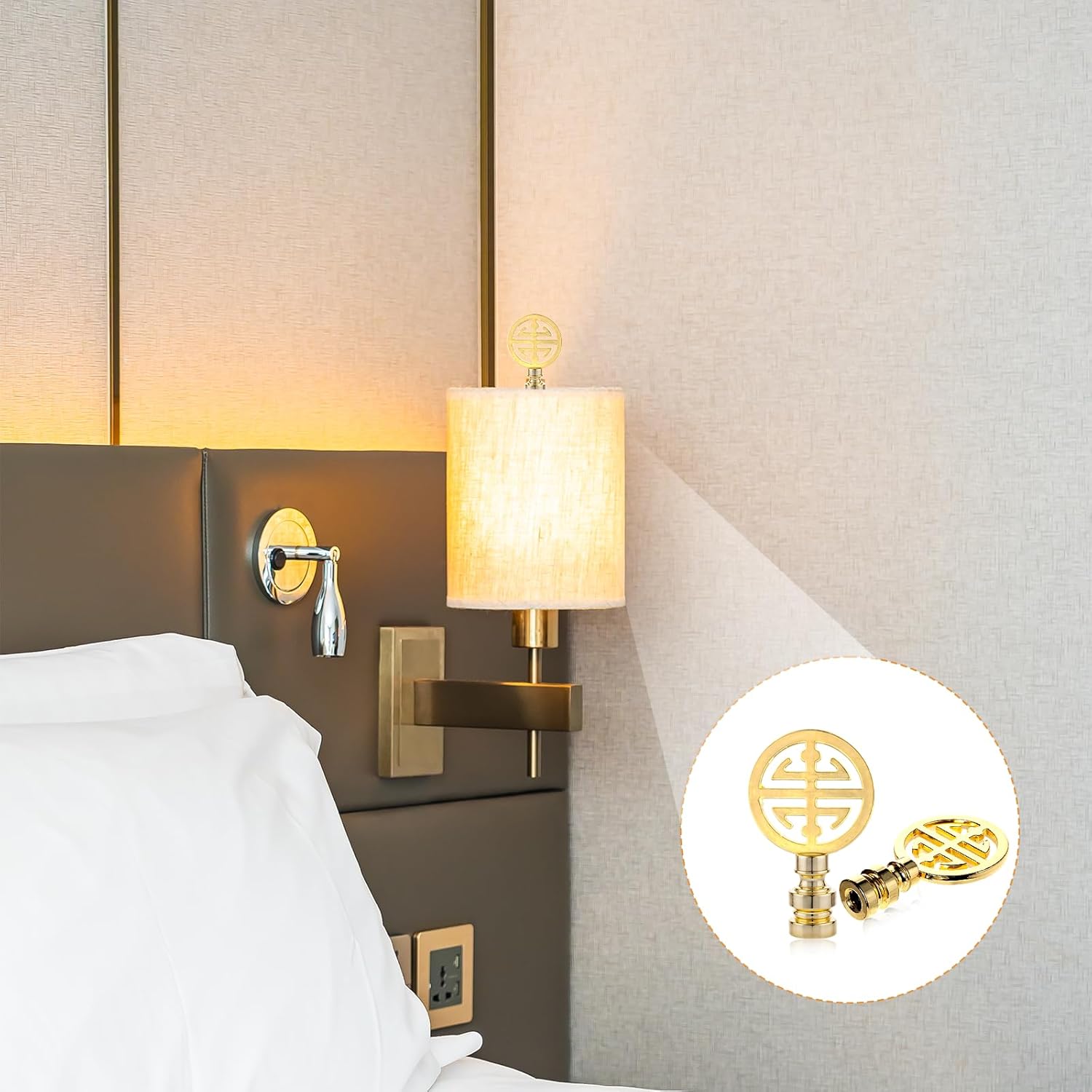 2 Pack Lamp Finials, Oriental Brass Lamp Finials Decorative Happiness Symbol Lamps Shade Top Cap Knob Gold Oriental Asian Lamps Finial for Table and Floor Light Table Home Room