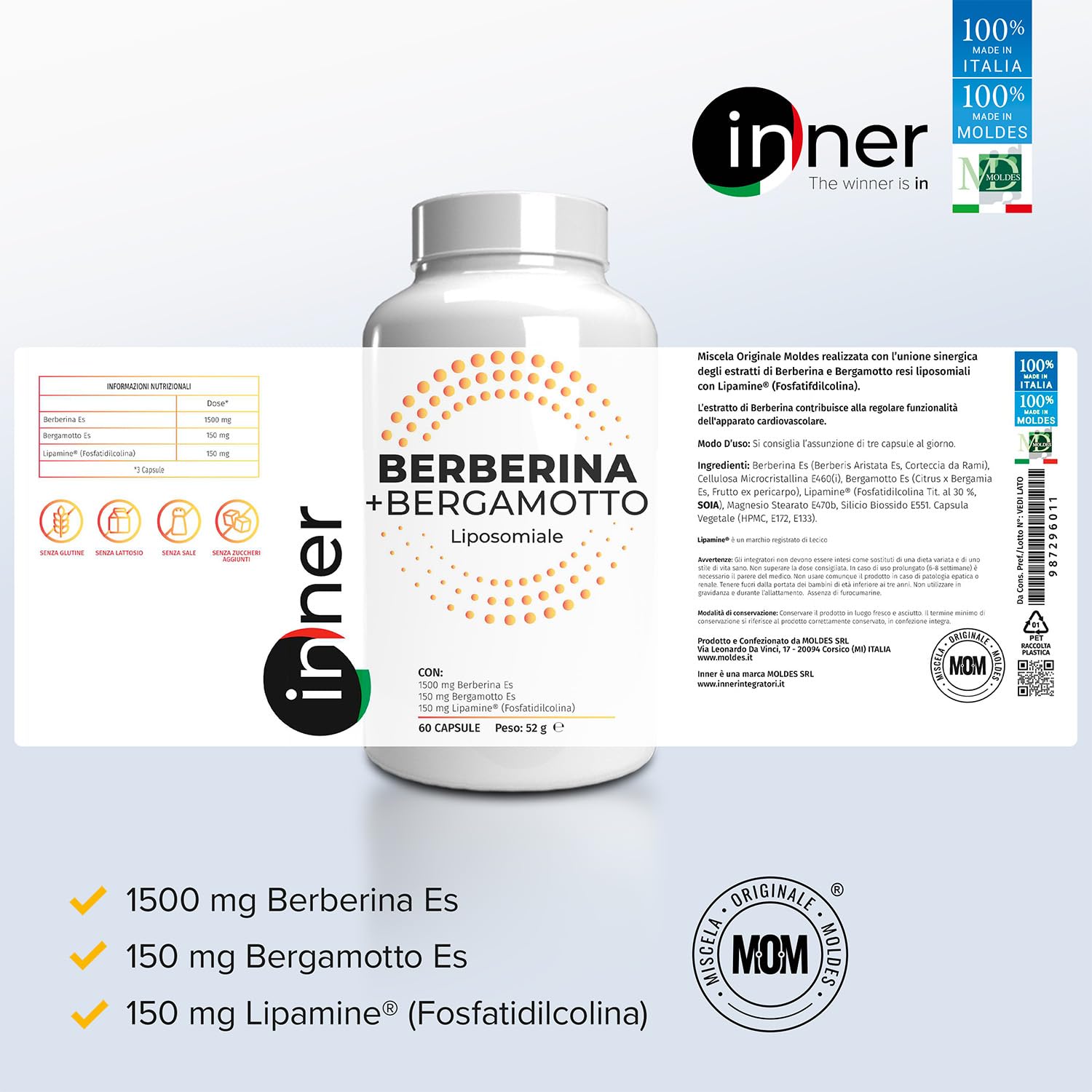 Inner Berberina + Bergamotto Liposomiale 60 Capsule – Integratore Naturale ad Alta Biodisponibilità per il Benessere Cardiovascolare – Supporto per Cuore Sano e Salute dell'Intestino