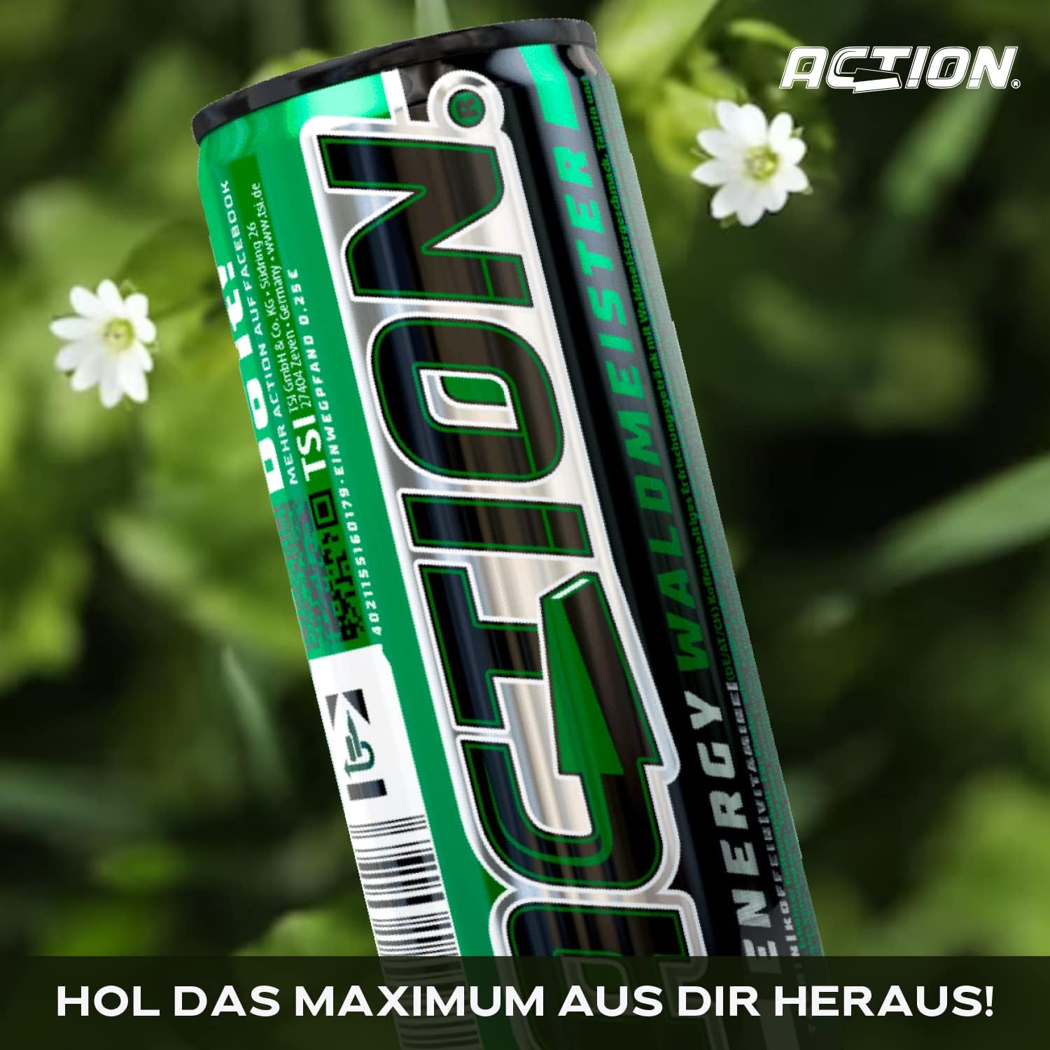 ACT!ON Action Energy Drink Waldmeister (48 x 250 ml) incluye depósito – Refresco con sabor a madera – patata energética con mayor contenido de cafeína 32 mg/100 ml de cafeína para mejorar el enfoque