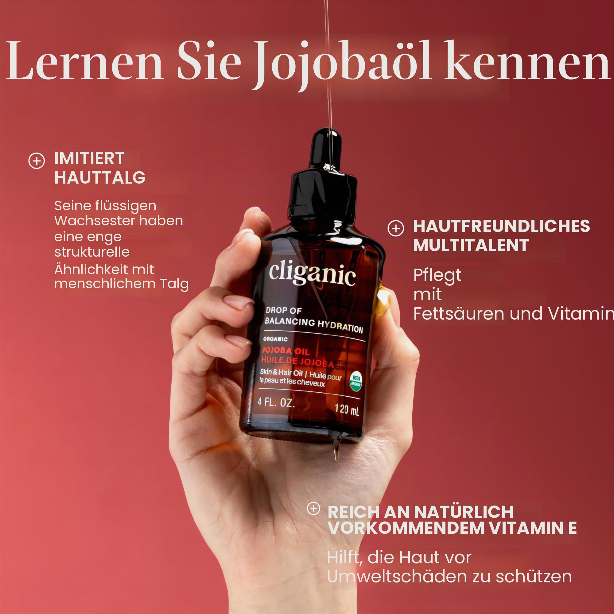 Cliganic Jojobaöl bio 100% rein, 480ml | Jojobaöl bio 100% kaltgepresst | Unraffiniertes hexanfreies Öl für Haare und Gesicht