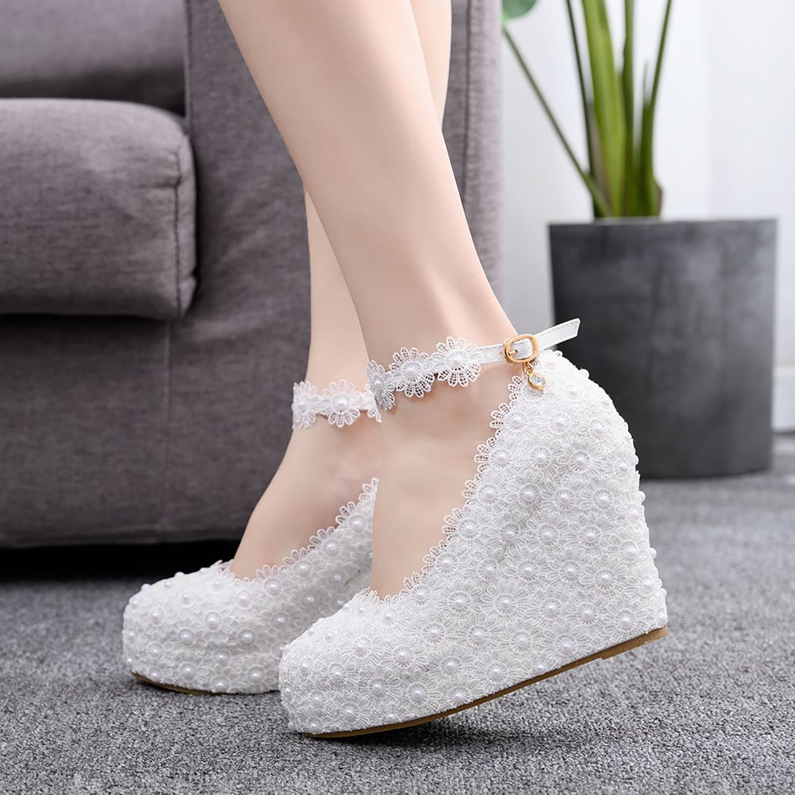 Zapatos de Boda de Encaje Blanco Zapatos de tacón de cuña Zapatos de Plataforma Zapatos de cuña de Punta Redonda Zapatos de tacón de cuña Zapatos de Novia,Blanca,37