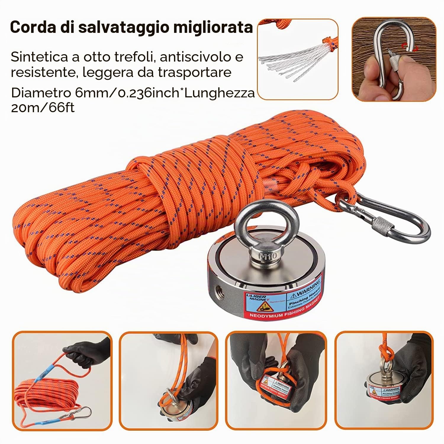 ULIBERMAGNET Magneti da pesca double face super potenti combinati 500 kg N52 kit da pesca magnete al neodimio con corda, artiglio, guanti, per la pesca magnetica e la caccia al tesoro sott'acqua