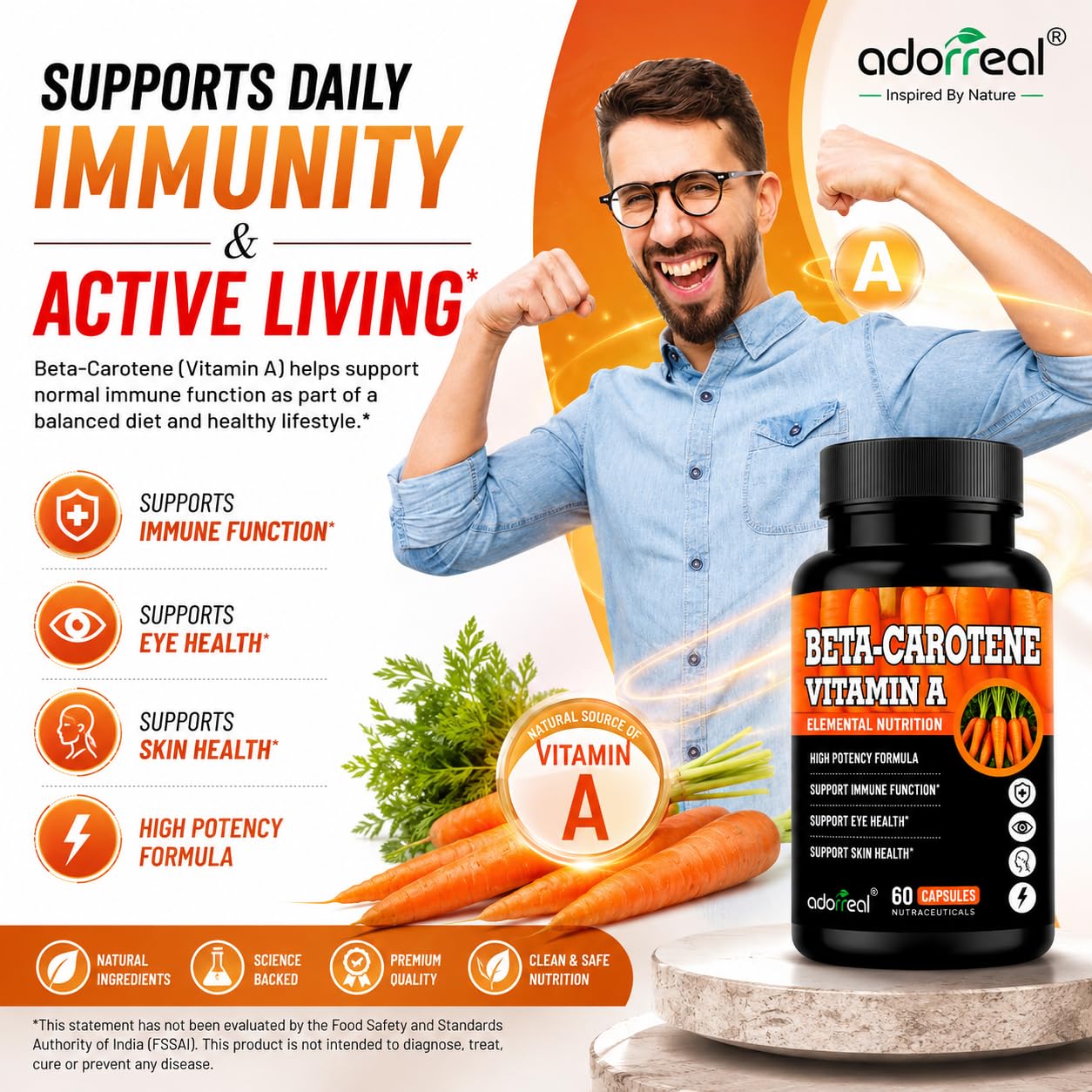 Adorreal Beta-Carotene Vitamin A Capsules | 25,000 IU Vitamin A from Beta-Carotene | Vegetarian Capsules | Supports Eye Health, Skin Health & Normal Immune Function | 60 Capsules 1