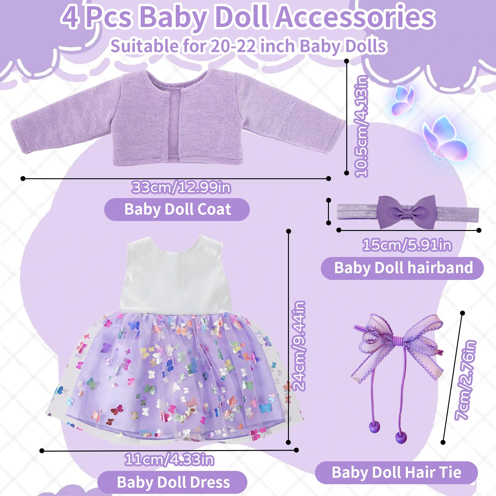 4 Pcs Sweet Baby Doll Clothes, 20-22inch Purple Baby Doll Clothes - Image 2