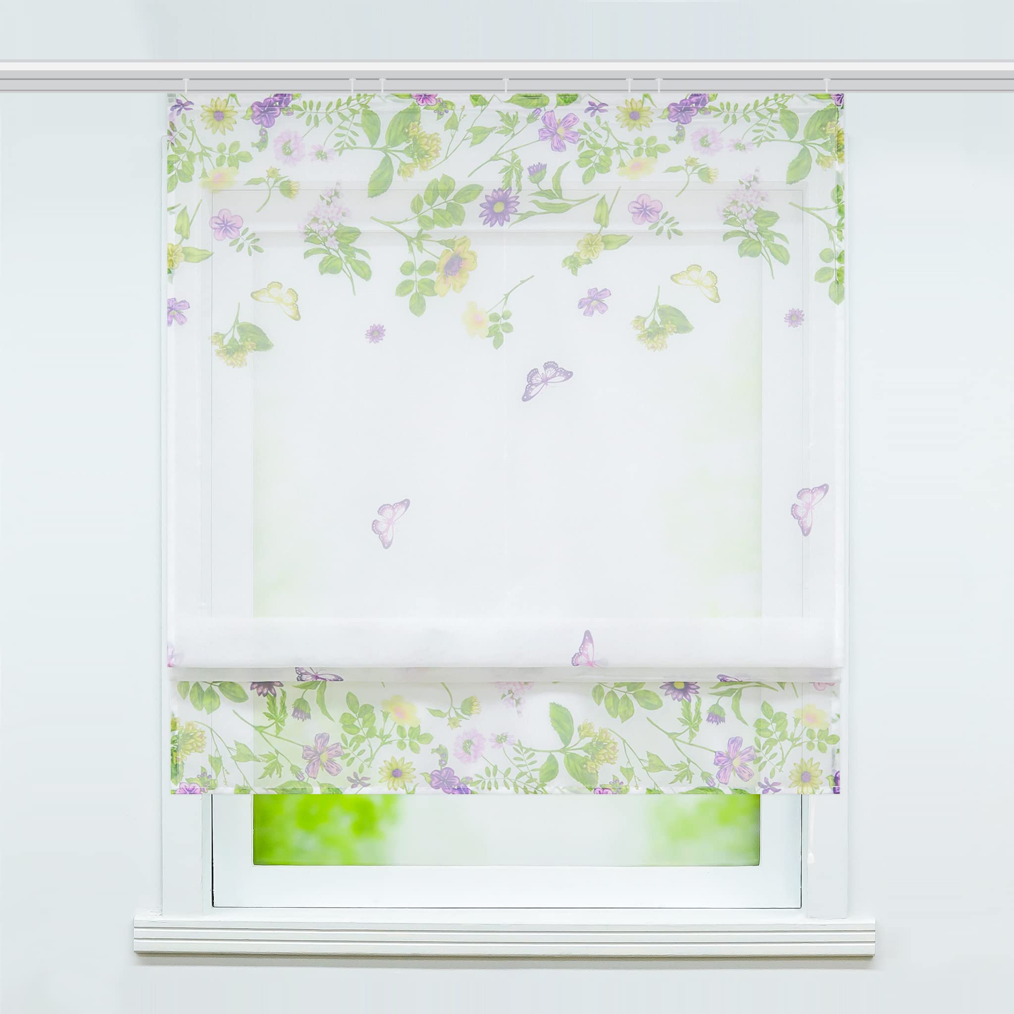 Joyswahl Viole Raffrollo mit Blumen-Schmetterlingdruck fabenfrohe halbtransparent Bändchenrollo mit Klettband1er,BxH 120x140cm