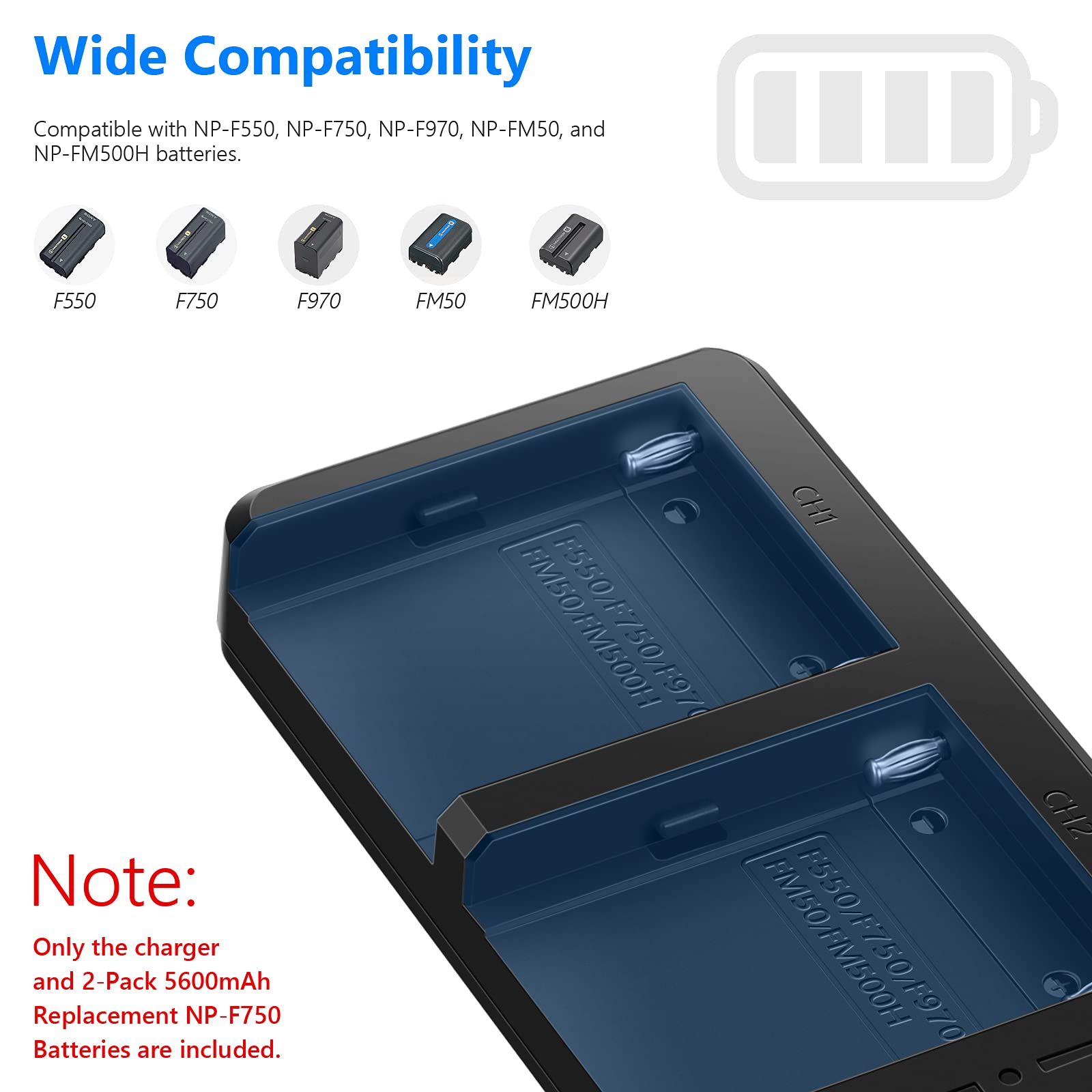 Neewer 2pz Batteria a Litio Sostitutiva NP-F750 5600mAh con Caricabatterie Doppio, Compatibili con Sony NP-F970 NP-F960 NP-F950 NP-F930 NP-F770 NP-F750 NP-F570 NP-F550 & Sony Handycam