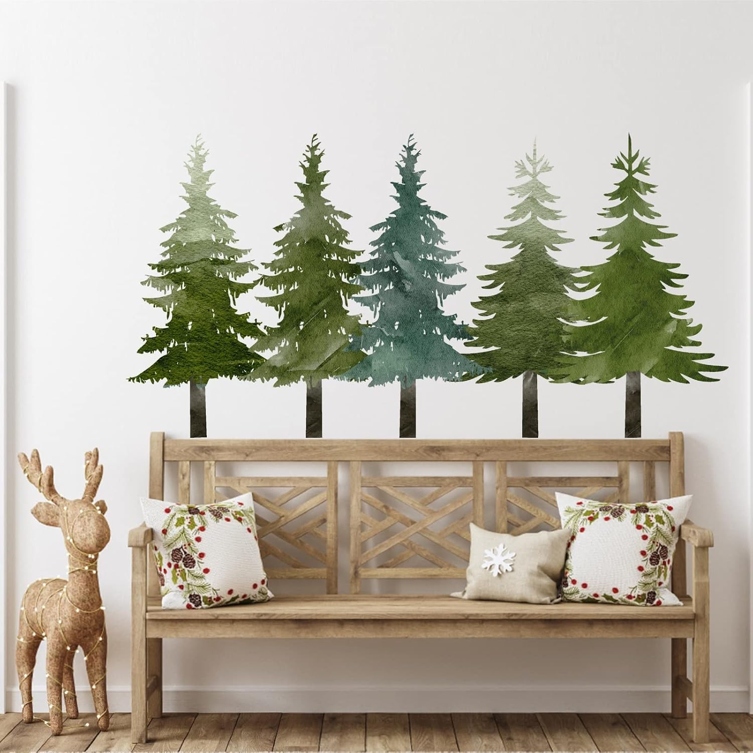 Watercolor Pine Tree Wall Stickers Large Tree Wall Decals Peel and Stick Green Trees Decals Christmas Trees Sticker Woodland Forest Trees Sticker for Nursery Bedroom Kids Room Decor